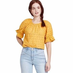 Eyelet embroidered mustard yellow top